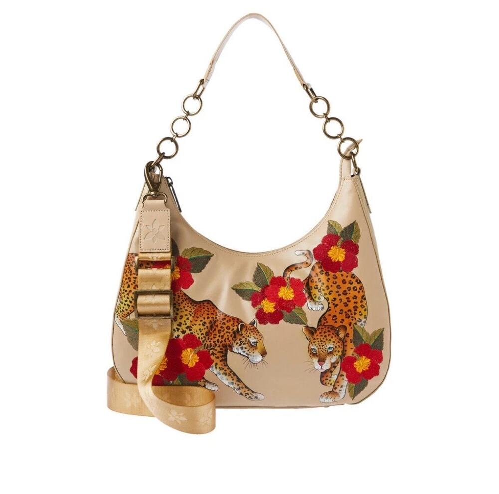 ANUSCHKA Tan Leather Floral Leopard Garden Embroidered Hand Painted Bag NEW!